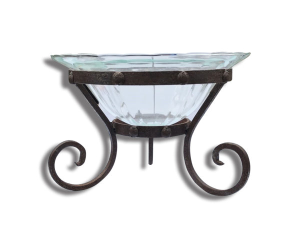 Glass Bowl with Rustic Wrought Iron Stand