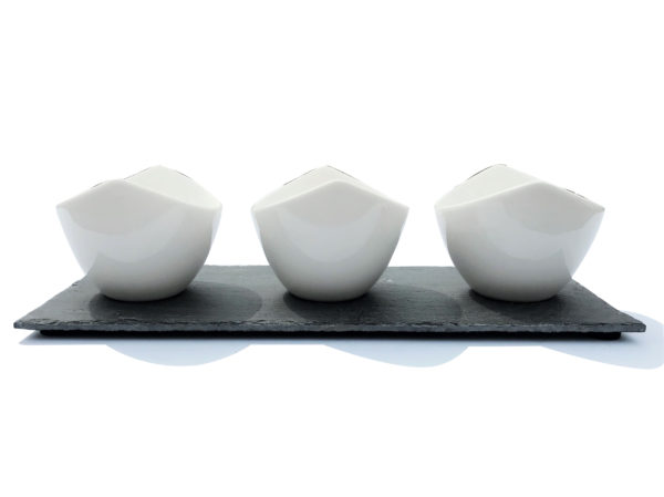 White Porcelain Condiment Set with Slate Tray